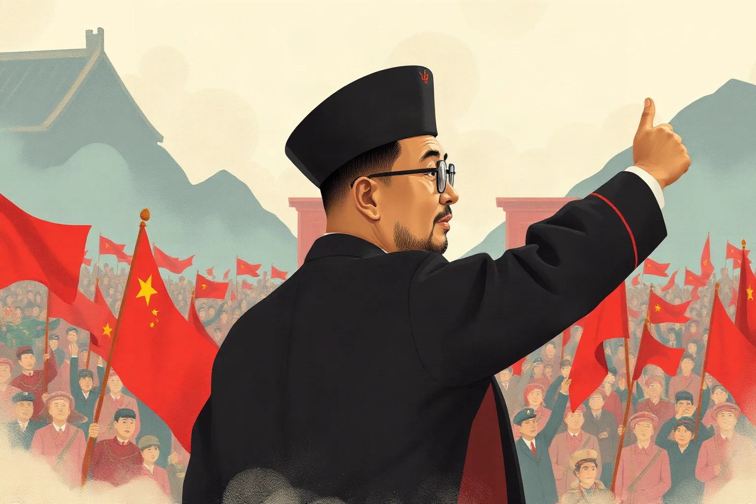 Illustration of a mid-20th-century Chinese revolutionary leader addressing a massive outdoor rally with red flags waving
