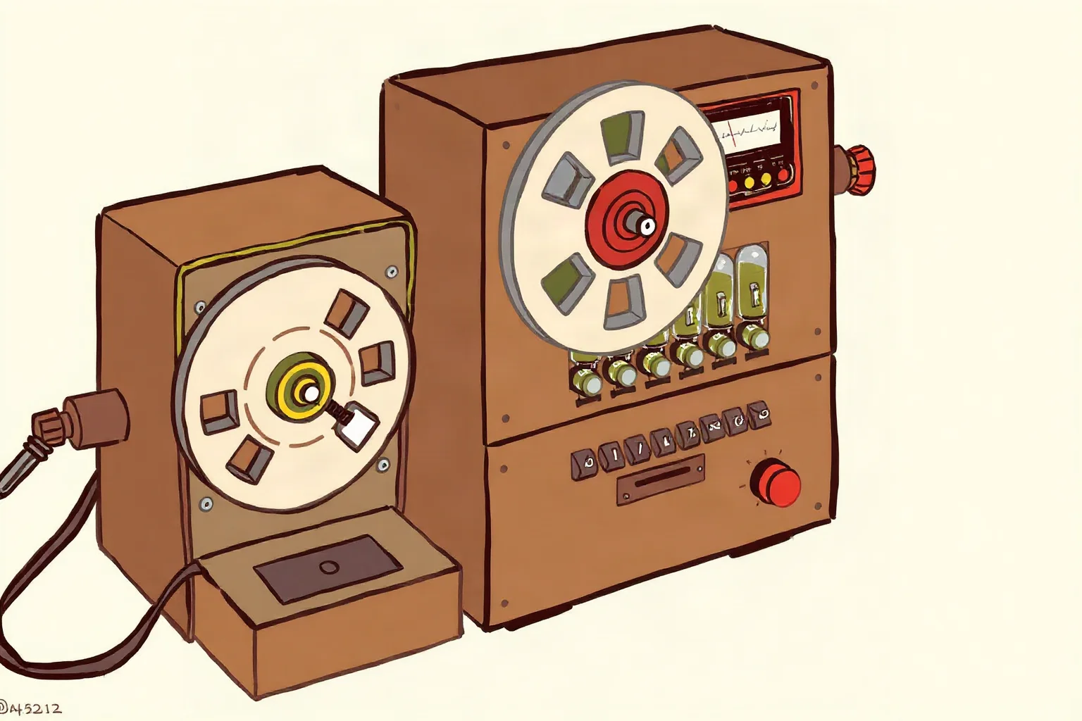 Illustration of a mid-20th-century codebreaking machine with reels of tape and vacuum tubes