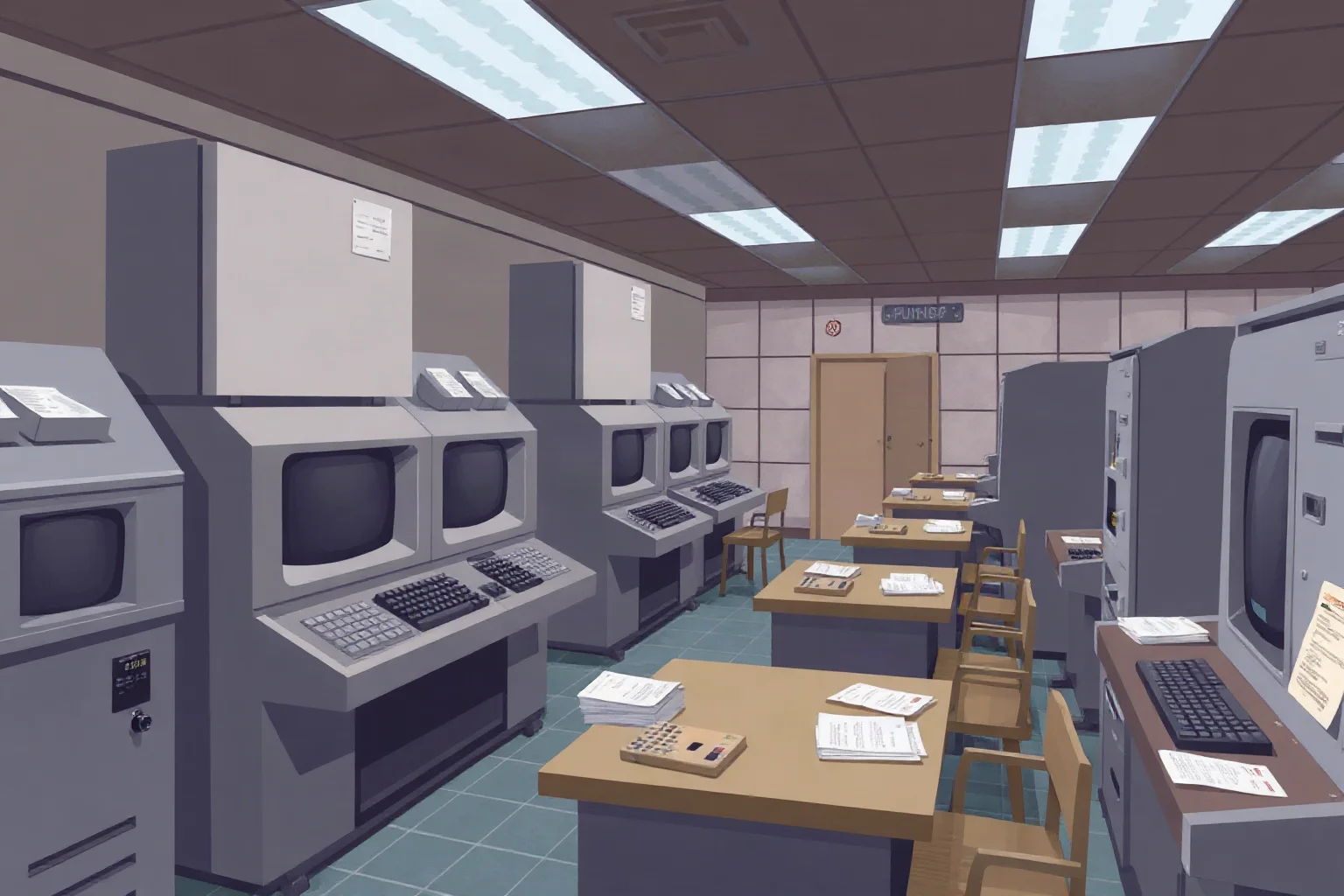 Illustration of a mid-20th-century computer room with large vacuum-tube machines and punch cards