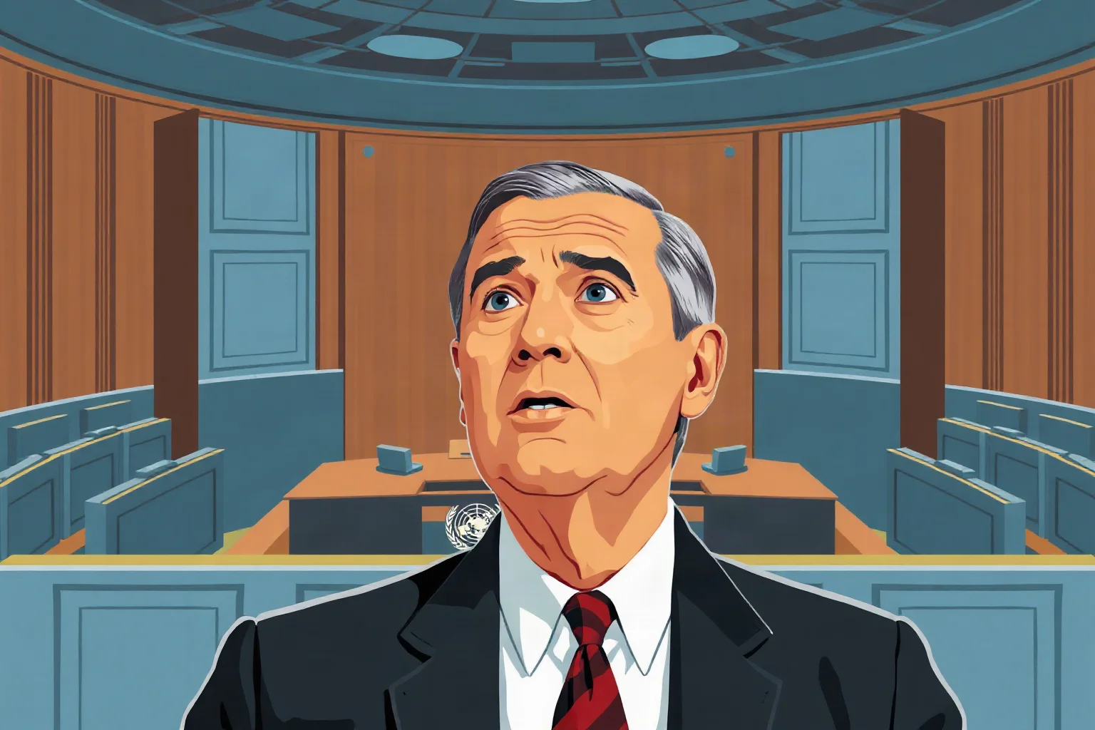 Illustration of a mid-20th-century diplomat speaking at a United Nations assembly hall, retro illustration style