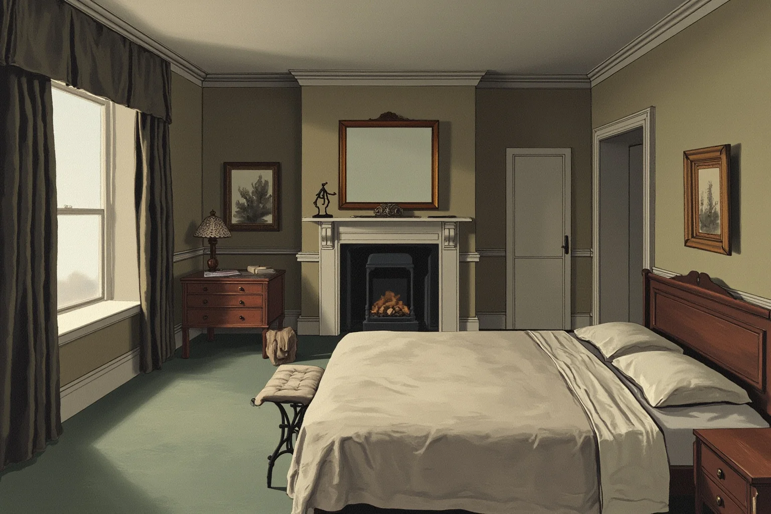 Illustration of a mid-20th-century English countryside manor bedroom, muted tones, quiet somber atmosphere