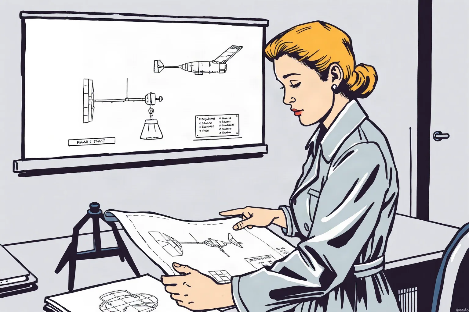 Illustration of a mid-20th-century female aerospace engineer reviewing blueprints of an early satellite design