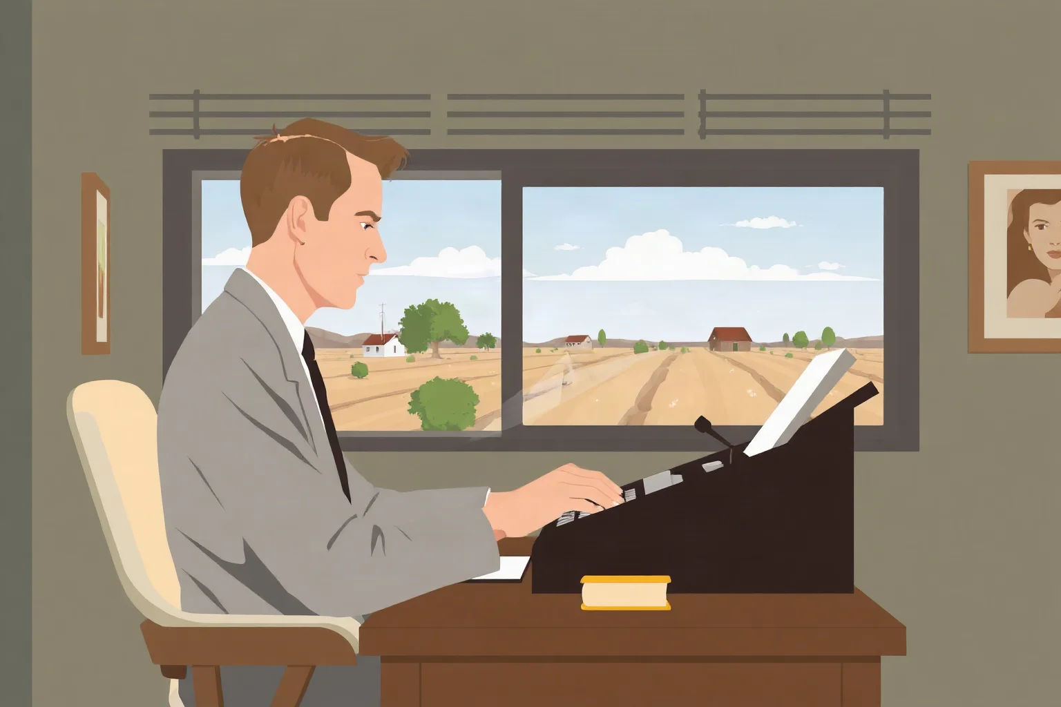 Illustration of a mid-20th-century novelist typing at a desk with dust-bowl farmland visible through a window