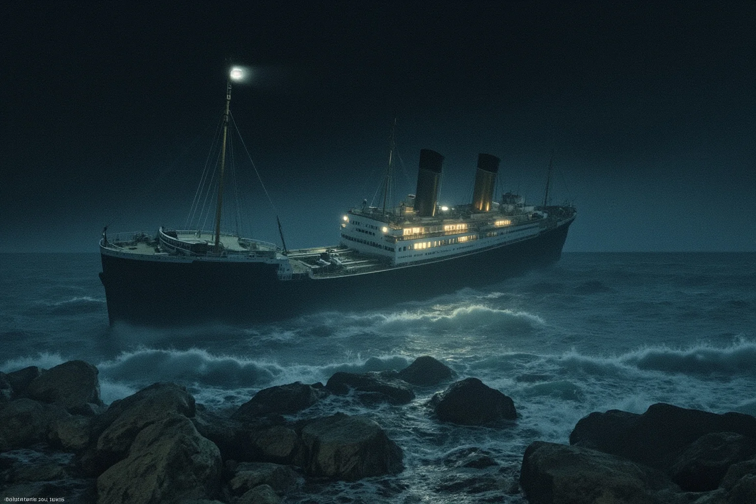 Lost At Sea: 20 Most Famous Shipwrecks in History 21 Illustration of a mid-20th-century ocean liner collision at night in thick fog off a rocky coastline