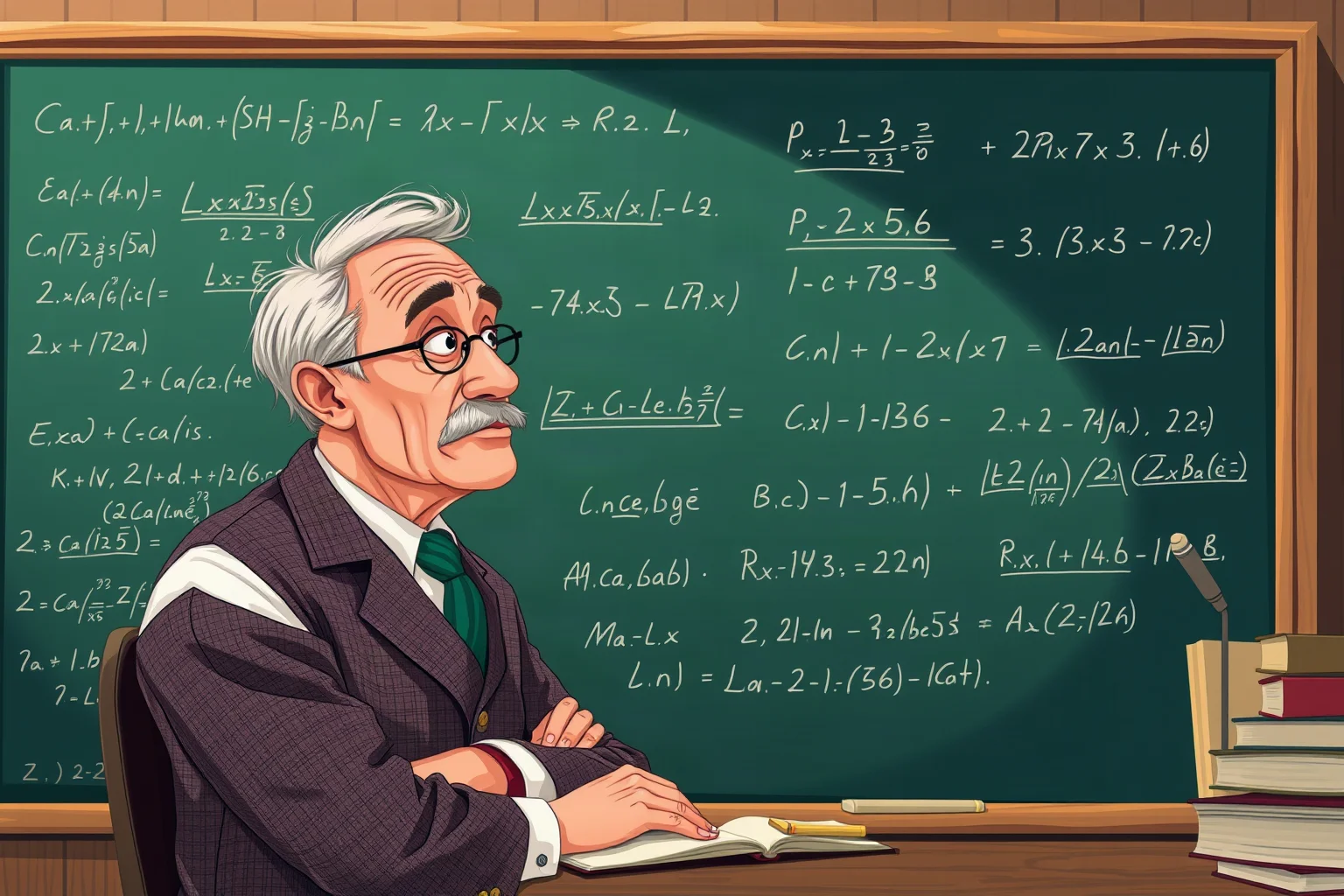 Illustration of a mid-20th-century physicist at a chalkboard covered in equations, thoughtful expression, warm study lighting