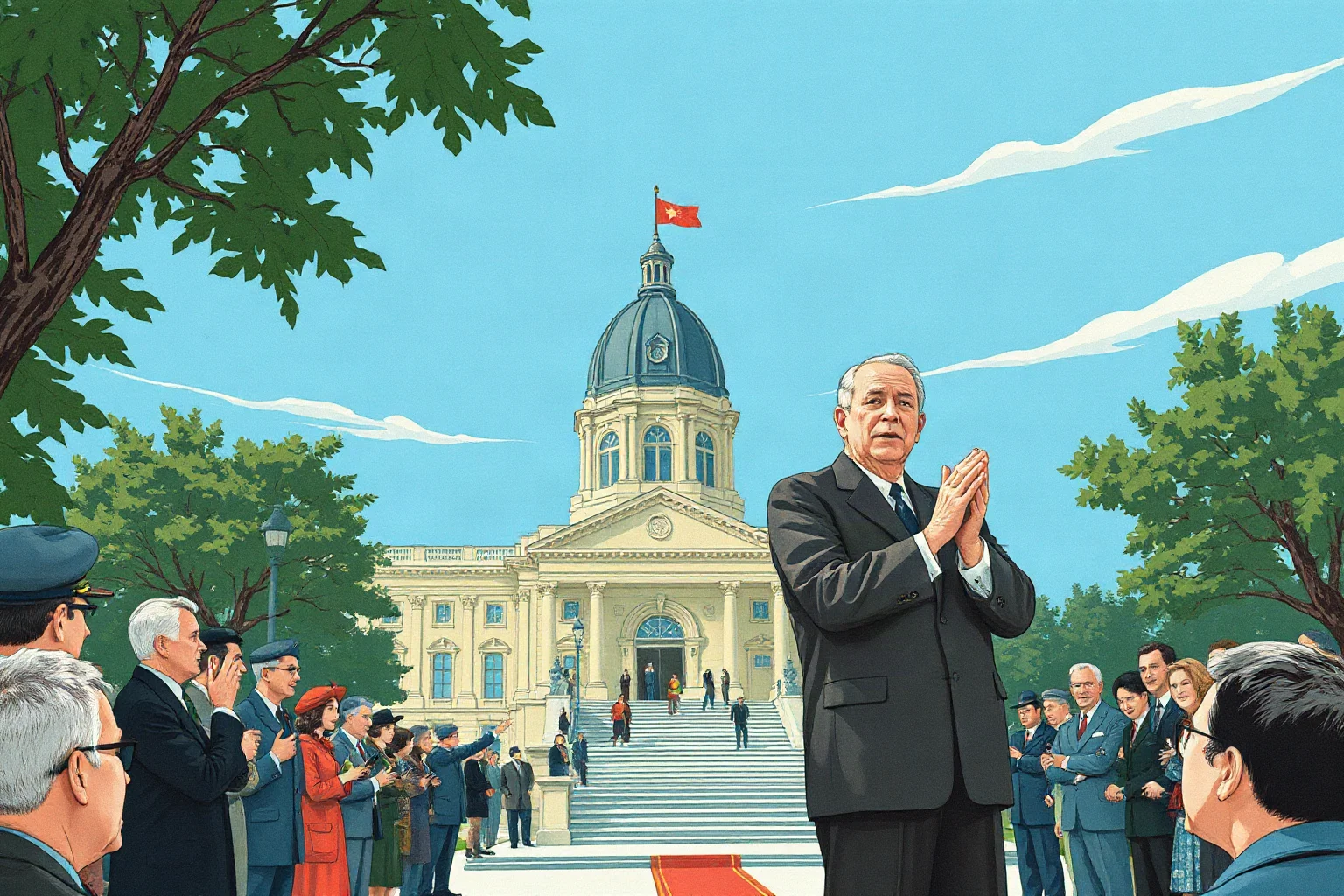 Illustration of a mid-20th-century provincial leader addressing a crowd outside a legislature building, retro editorial illustration style