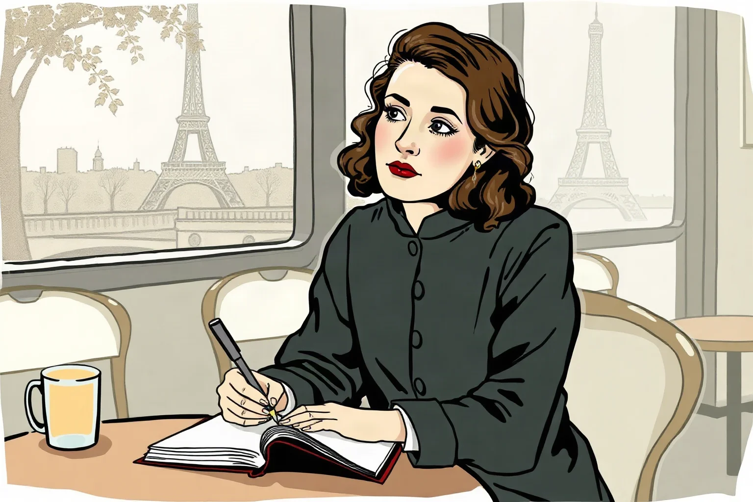 Illustration of a mid-20th-century woman philosopher writing at a Parisian café table, thoughtful expression