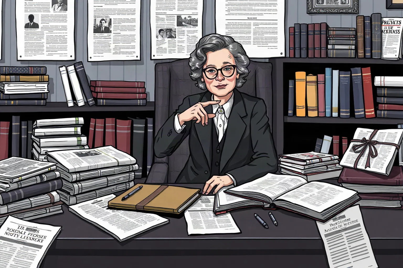 Illustration of a mid-20th-century woman political philosopher at a desk surrounded by newspapers and books