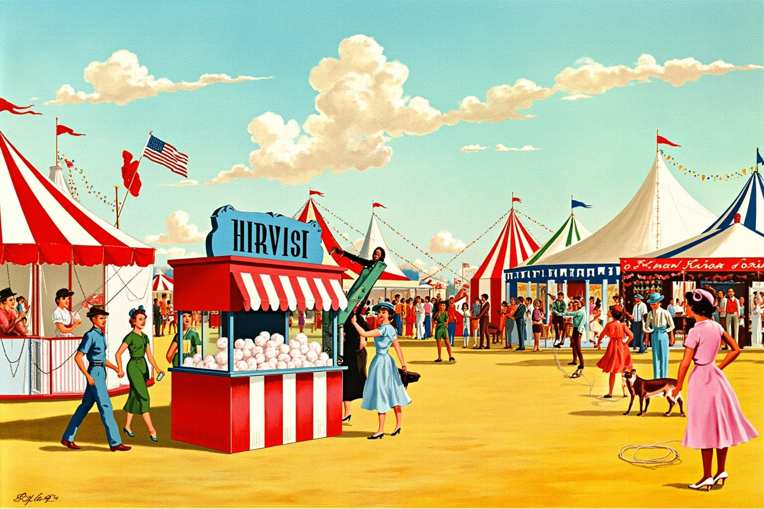 Illustration of a mid-century American carnival with a cotton candy stand among circus tents
