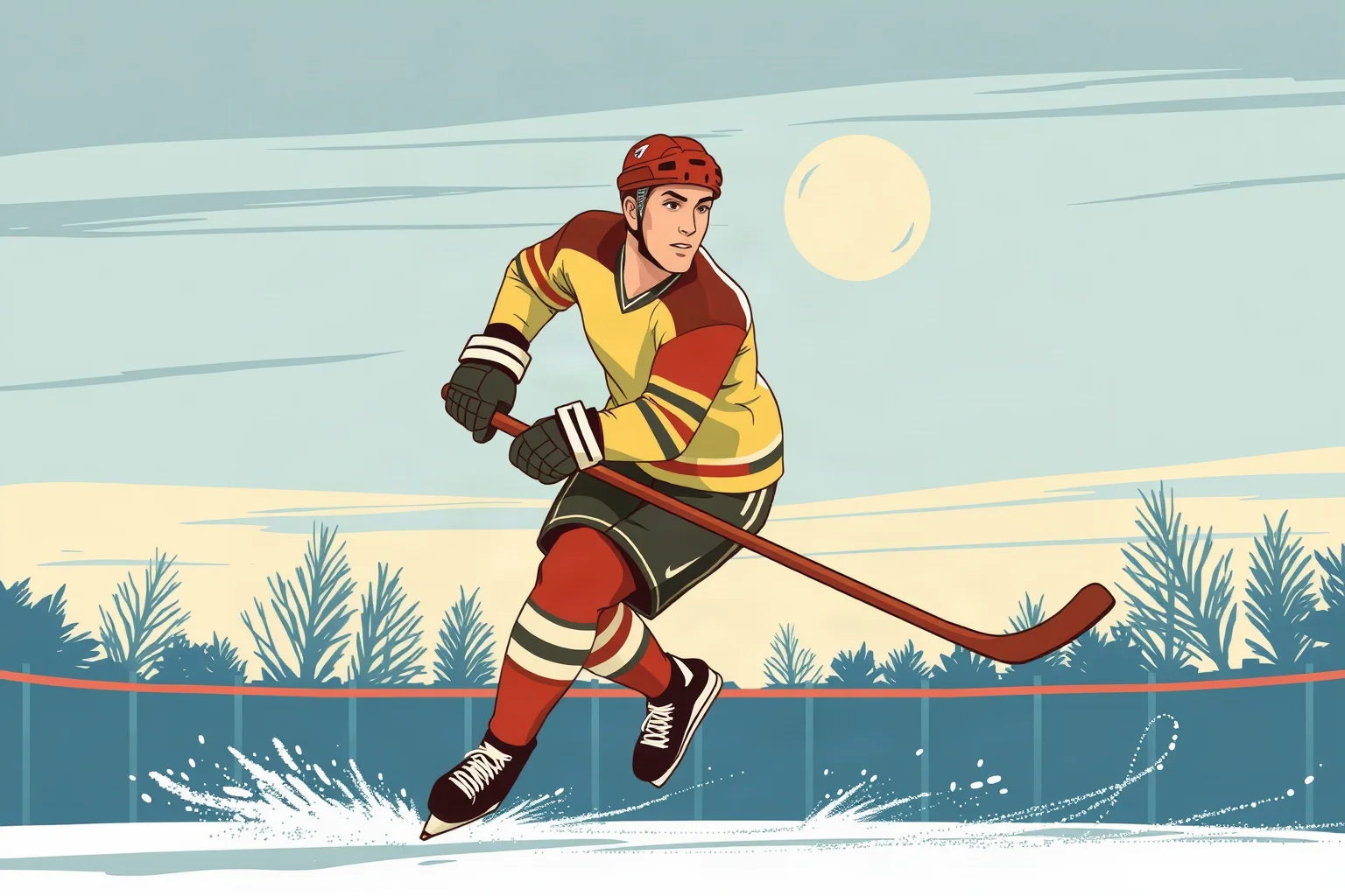 Illustration of a mid-century ice hockey player mid-stride on an outdoor rink, dynamic retro sports art style