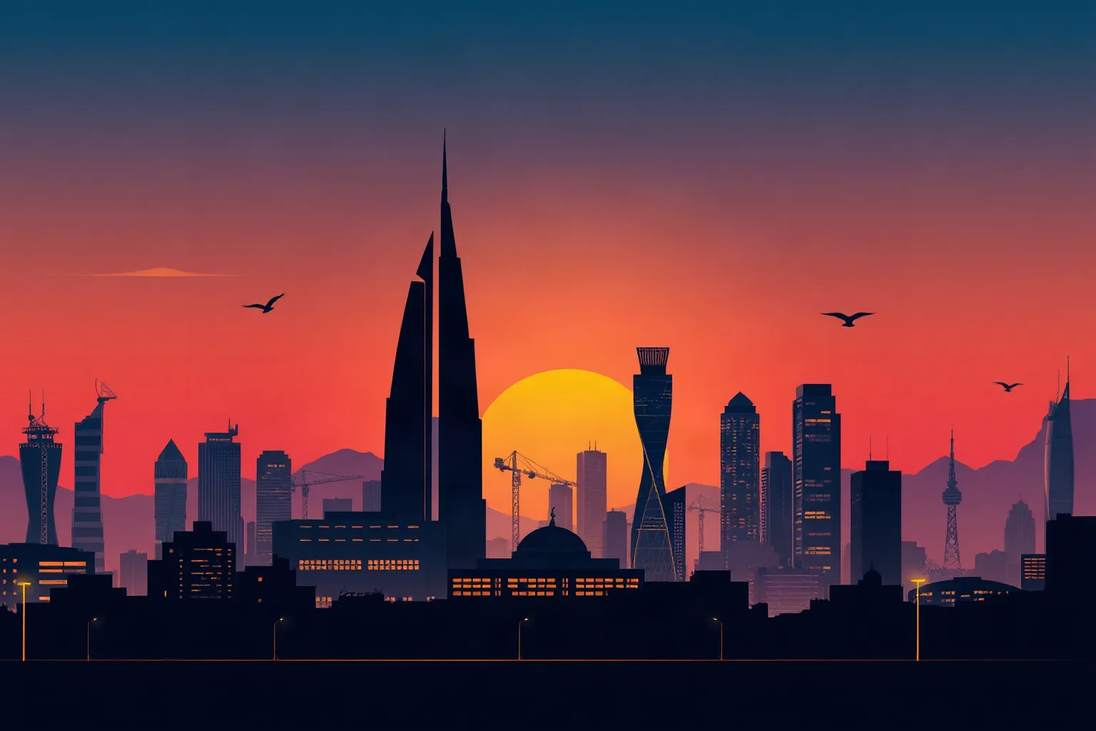Illustration of a Middle Eastern city skyline at dusk with a fractured government building silhouette