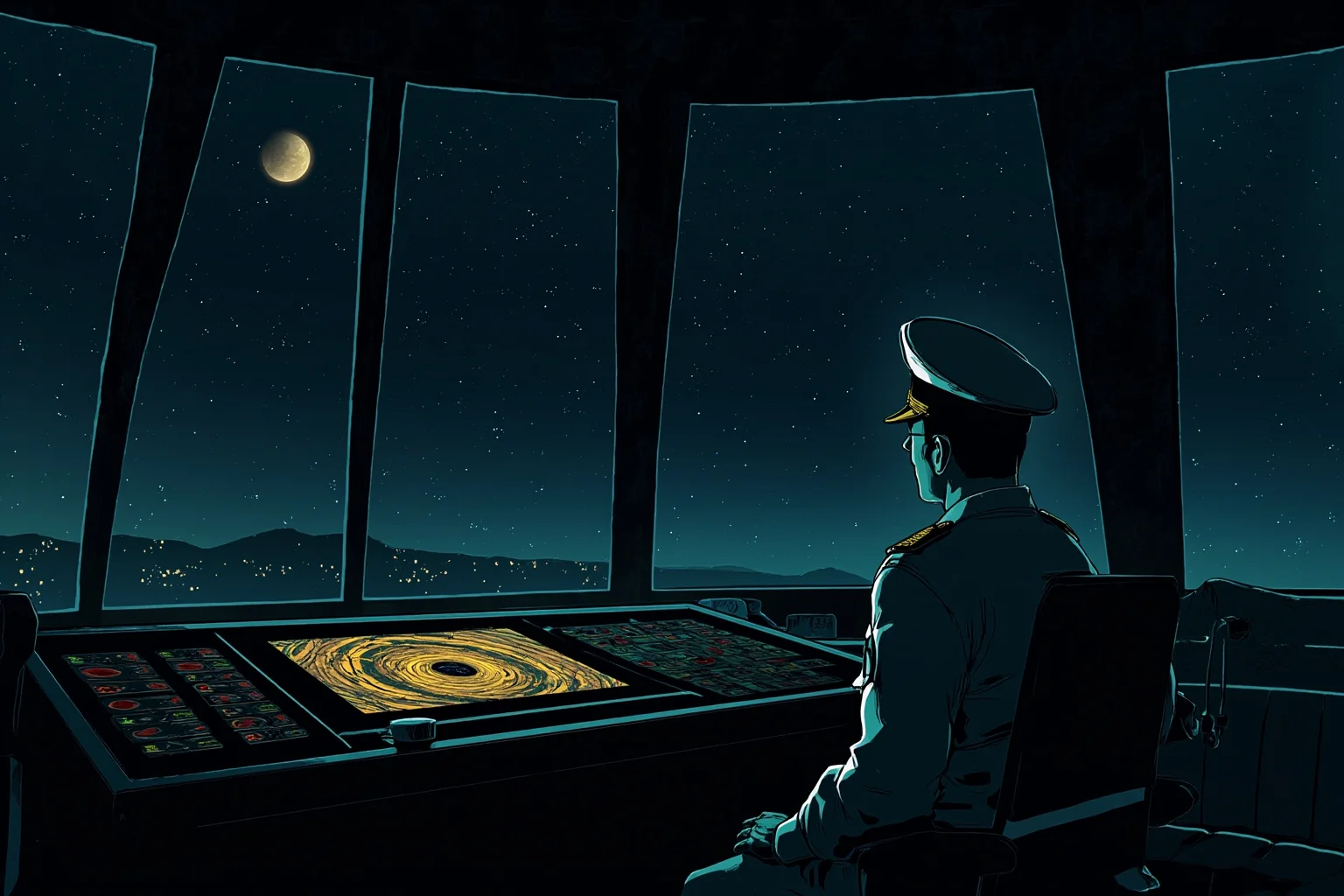 Unsung Heroes History Doesn't Talk About Enough 21 Illustration of a military officer sitting alone at a glowing radar control panel late at night, Cold War era command bunker