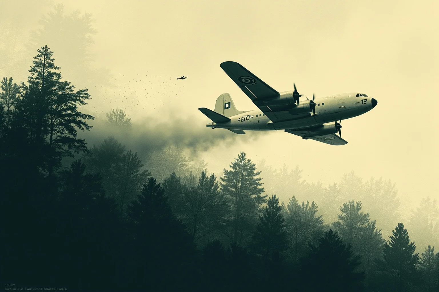 The Worst Inventions of All Time, Ranked 8 Illustration of a military plane spraying defoliant over a dense forest canopy, muted historical tone