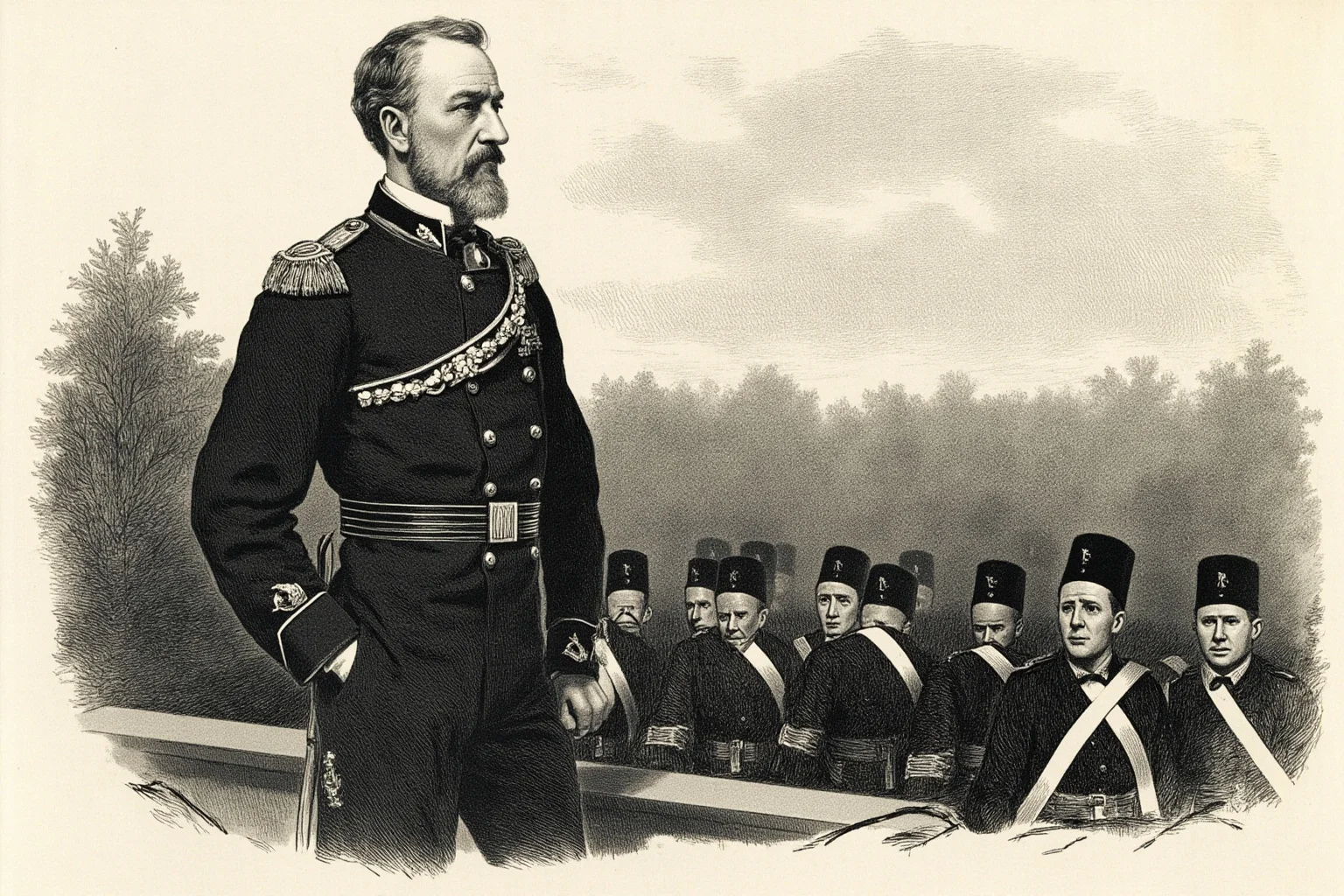 Illustration of a military-uniformed 19th-century president reviewing troops outdoors, with a subtle, somber tone foreshadowing illness.