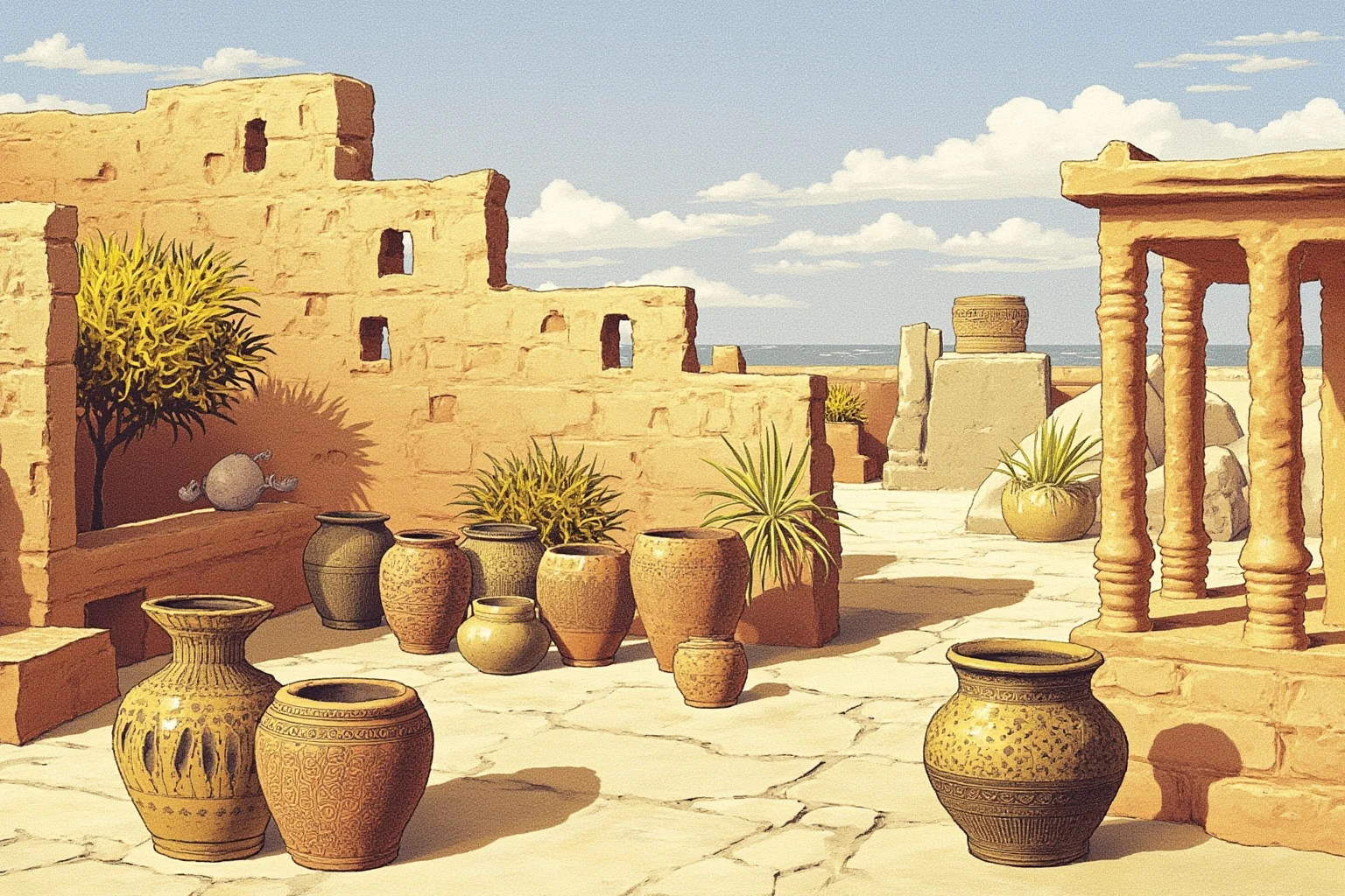 The Role of Markets and Bazaars in Ancient Economies 14 Illustration of a Minoan palace trade scene with pottery and olive oil jars near Crete