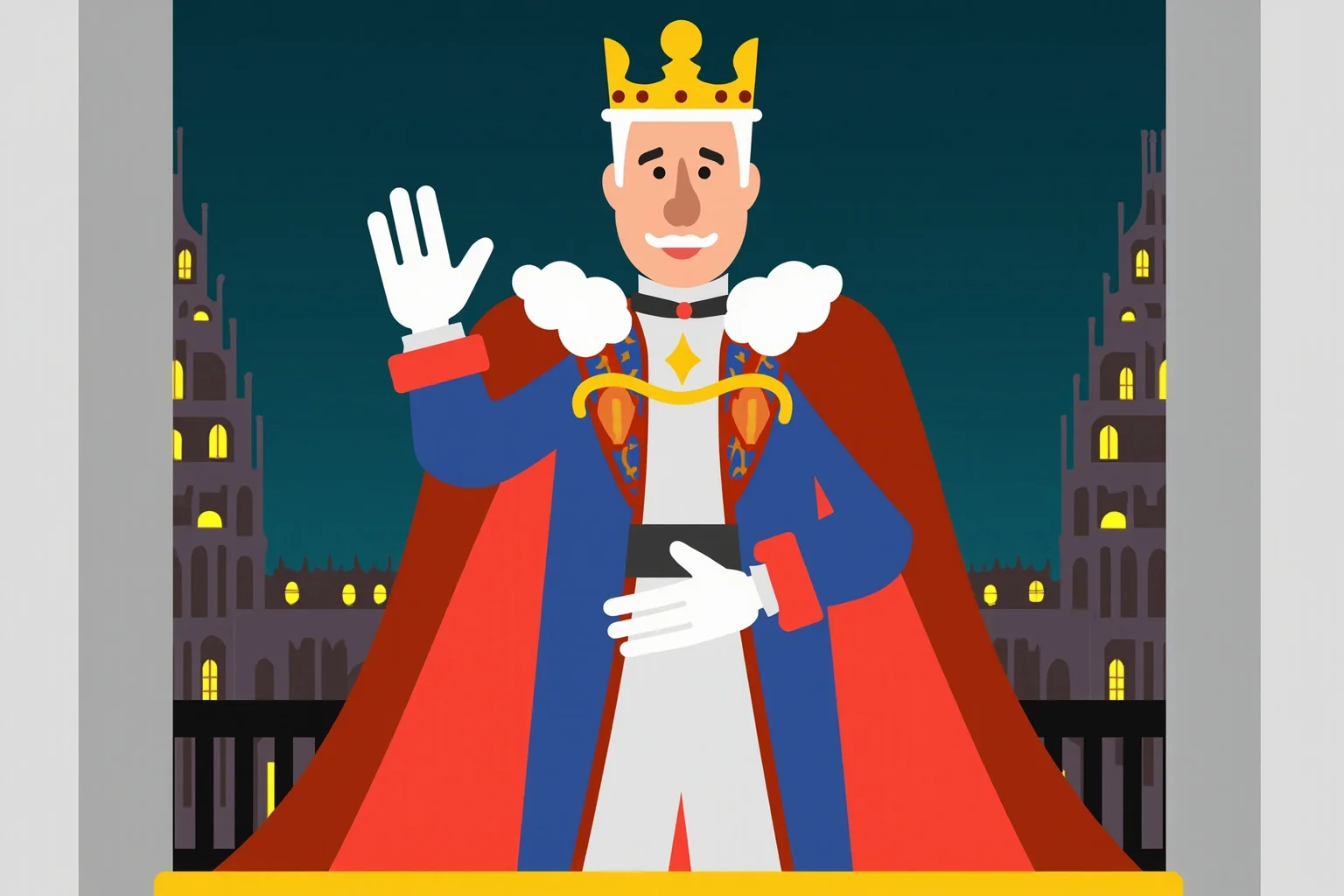 10 of History's Most 'Impactful' Leaders Who Actually Did Almost Nothing 11 Illustration of a modern ceremonial monarch in formal robes and a crown waving from a palace balcony, with a parliament building glowing in the background, symbolic flat art style