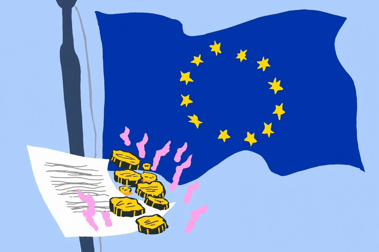 Illustration of a modern European Union flag with a treaty document and euro currency symbols in the foreground