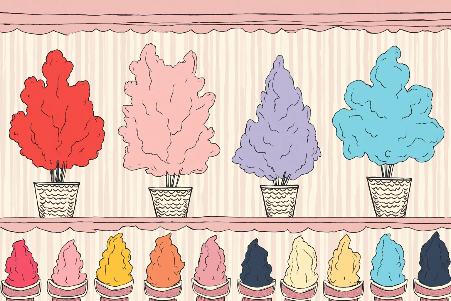 Illustration of a modern gourmet dessert bar with colorful artisanal cotton candy flavors on display