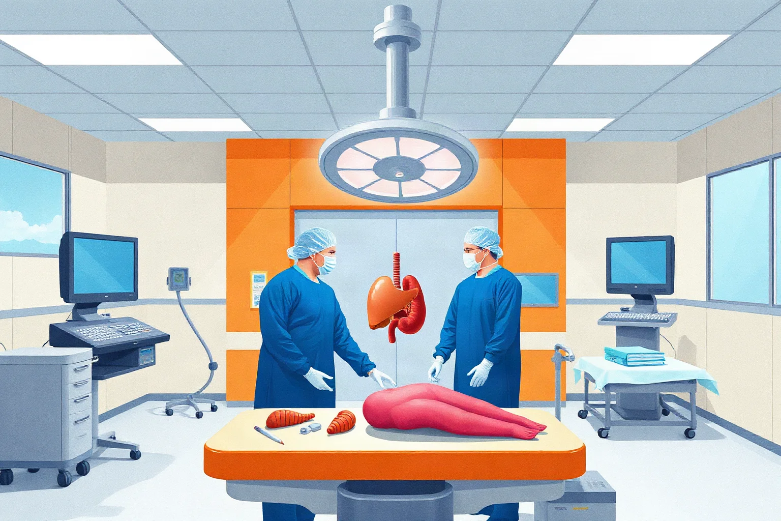 Illustration of a modern hospital operating room with a surgical team, symbolizing present-day organ transplants