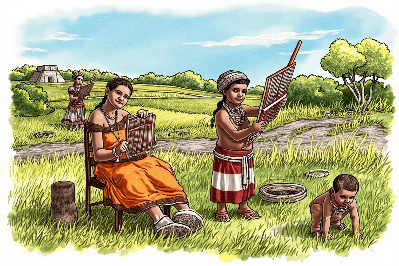 Illustration of a modern Maya community in Central America, showing traditional woven textiles and daily life against a backdrop of distant ancient ruins
