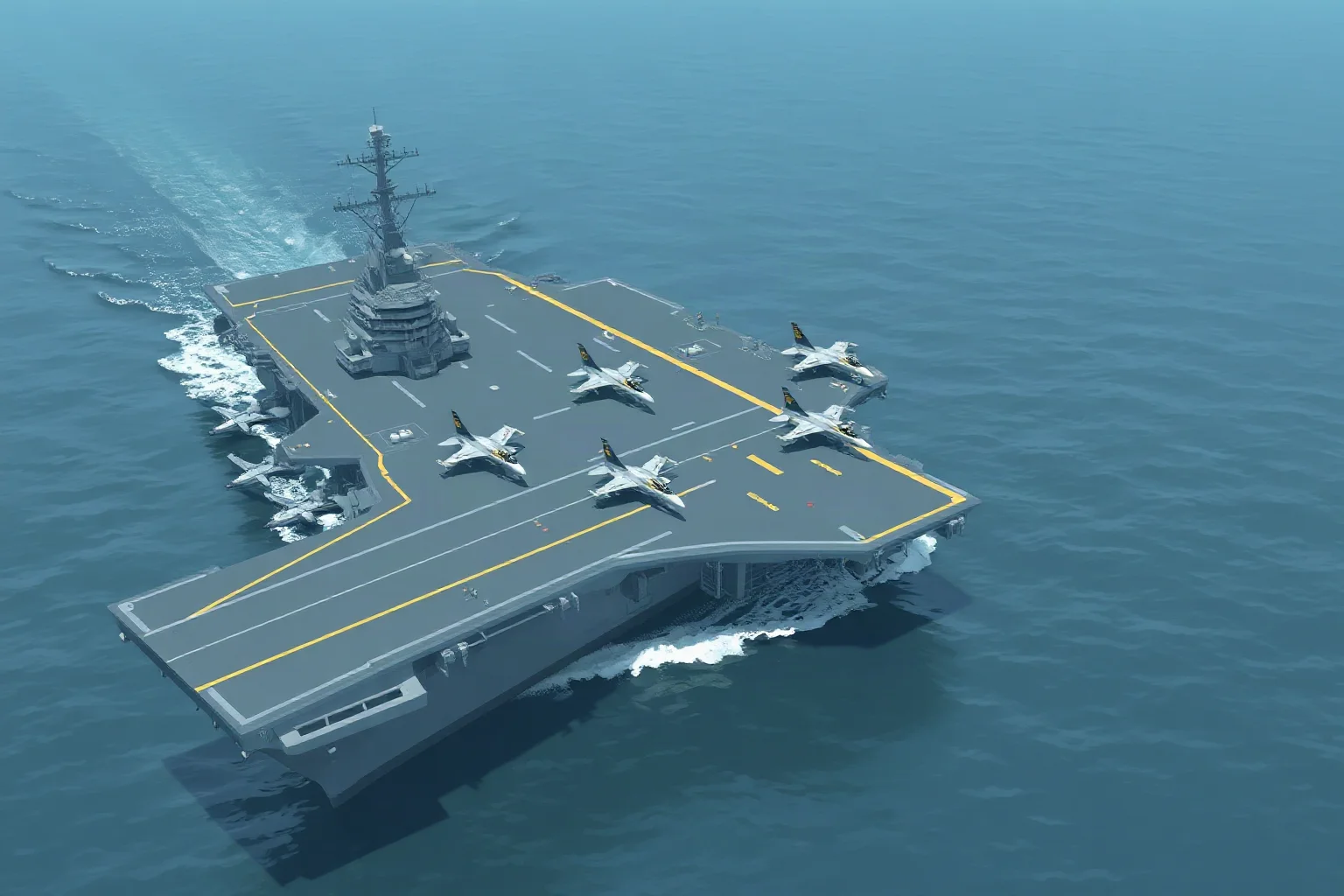 Illustration of a modern military aircraft carrier at sea with fighter jets on deck