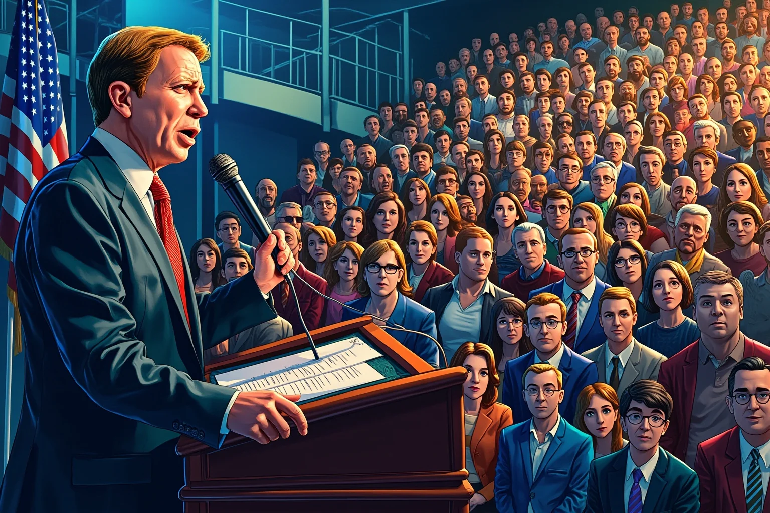 Illustration of a modern politician speaking passionately at a large indoor podium event with an attentive diverse crowd