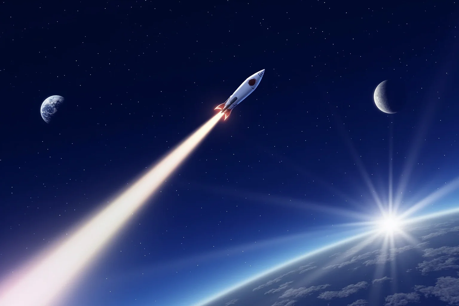 Facts About The Space Race: 25 Things Everyone Gets Wrong (or Right) 26 Illustration of a modern rocket launching toward a starry sky with a small Earth and Moon visible in the distance