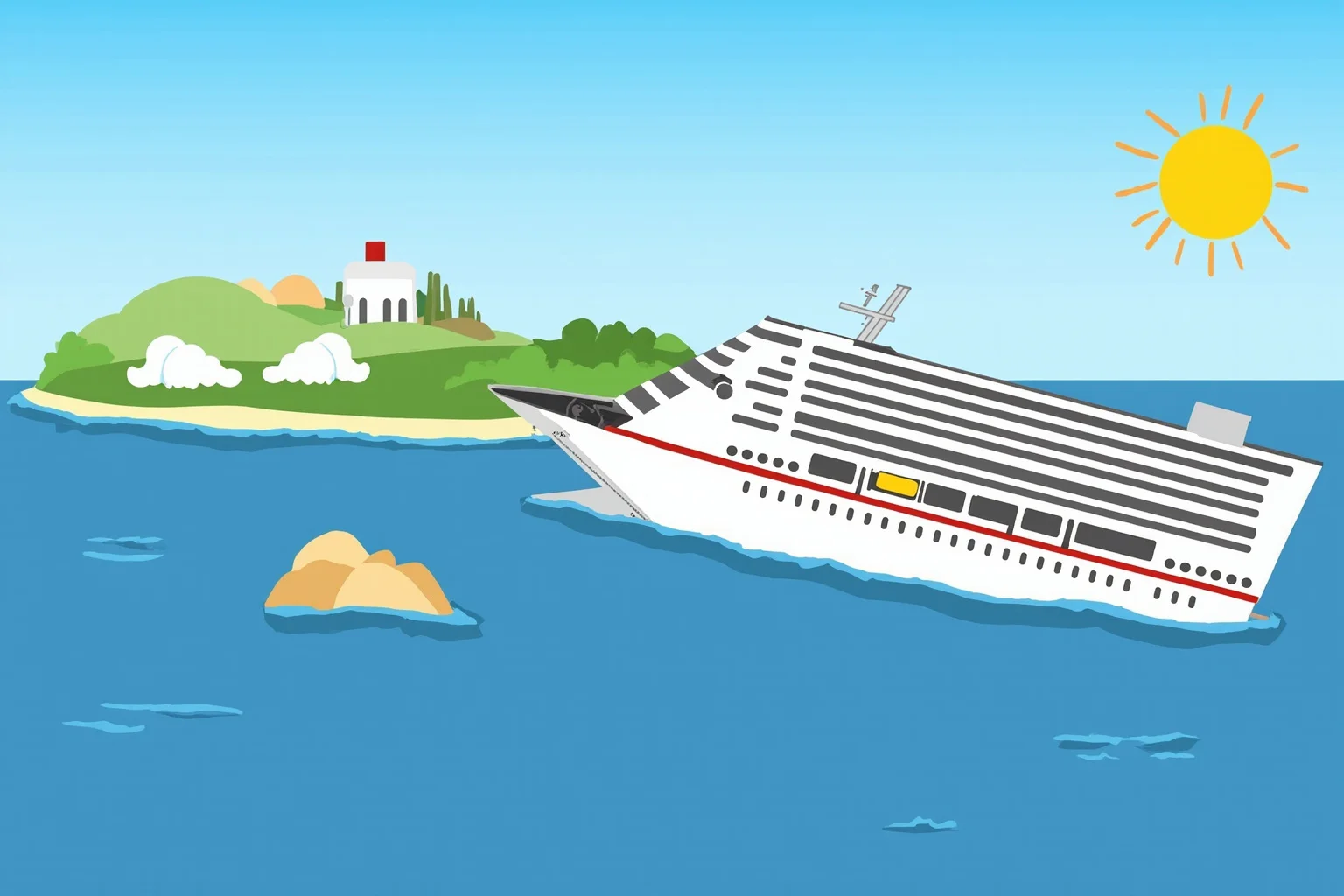 Lost At Sea: 20 Most Famous Shipwrecks in History 16 Illustration of a modern white cruise ship partially capsized and resting against rocks near a small Mediterranean island