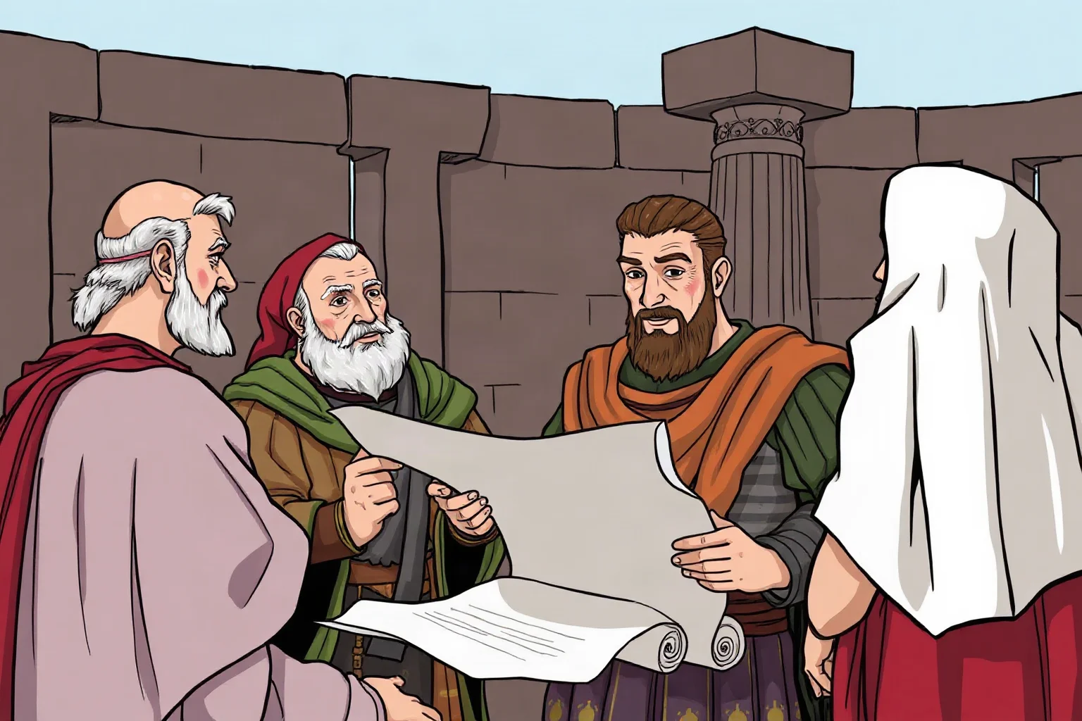 Illustration of a modest-looking Roman ruler reviewing scrolls and construction plans with officials