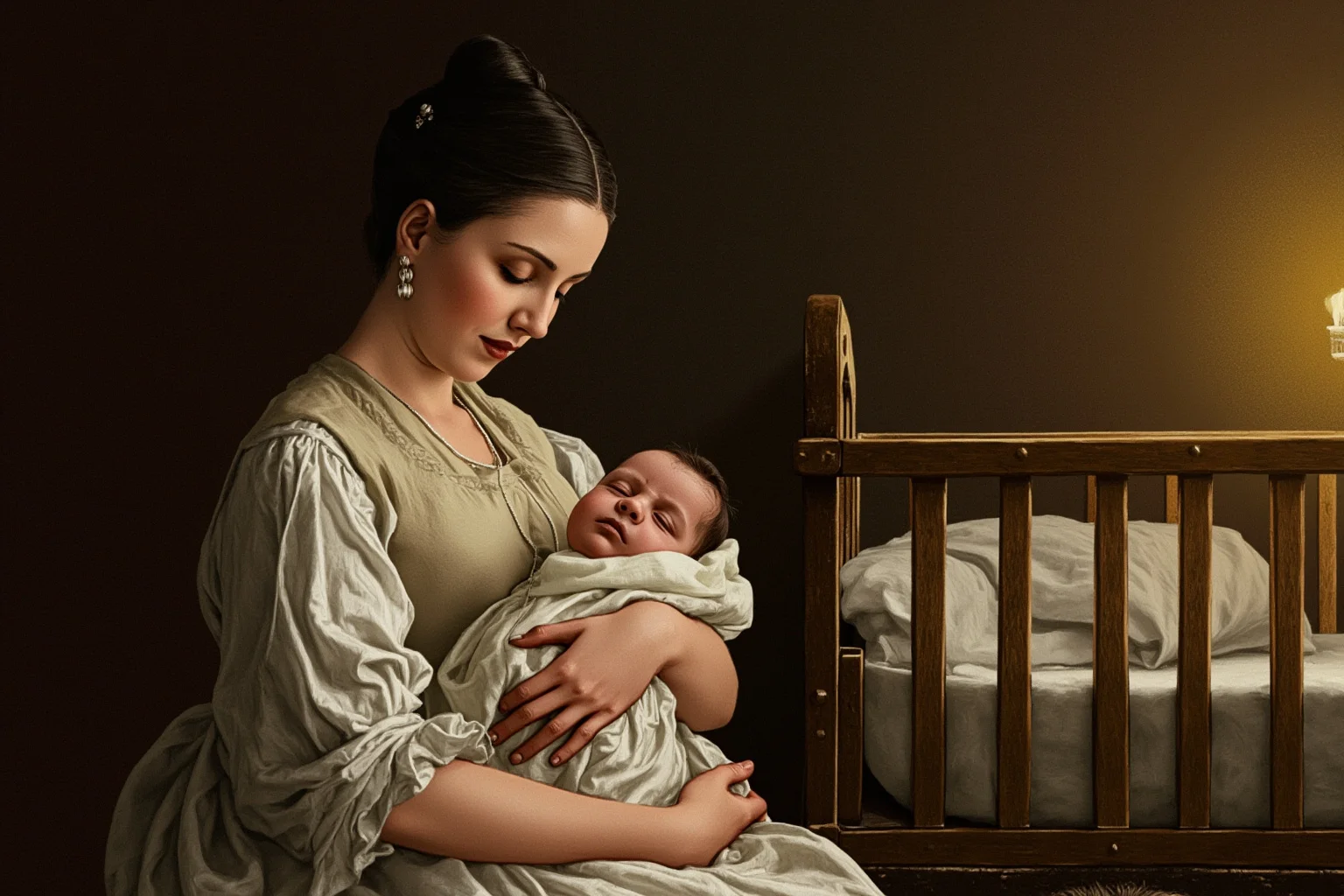 Surprising Facts About Marie Antoinette (And 10 Misconceptions) 25 Illustration of a mother in 18th-century dress gently cradling an infant near a cradle, warm candlelight