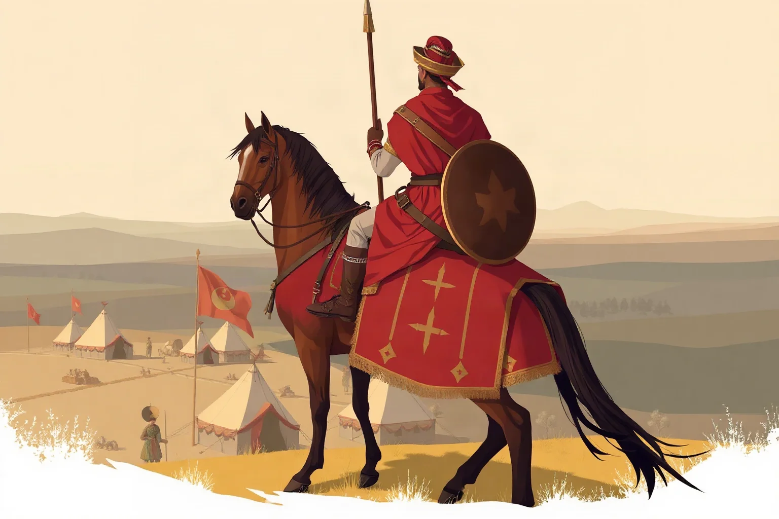 Illustration of a mounted conqueror on horseback overlooking a vast empire's tents and banners on the steppe