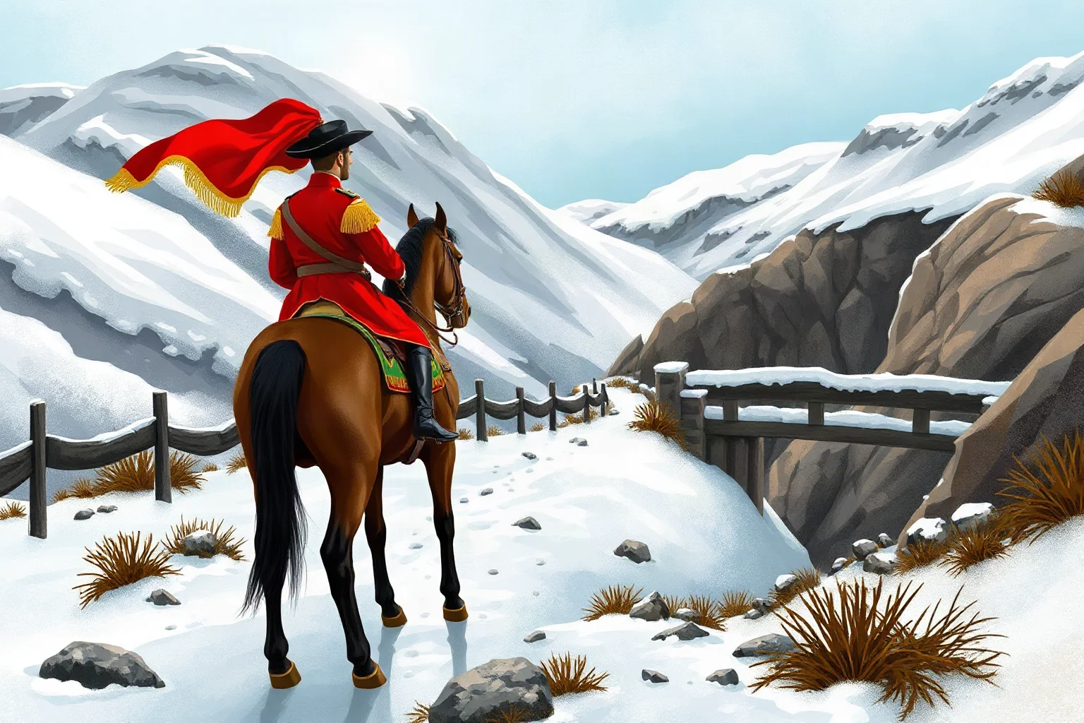 Illustration of a mounted police officer in red serge uniform standing guard at a snowy mountain pass during a gold rush, historical illustration style