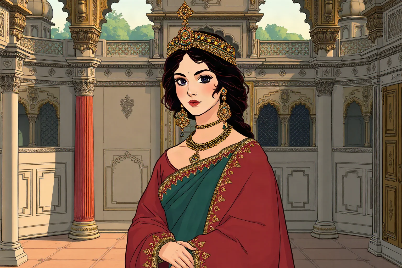 Illustration of a Mughal-era Indian empress in richly embroidered robes and jeweled headpiece within a palace courtyard