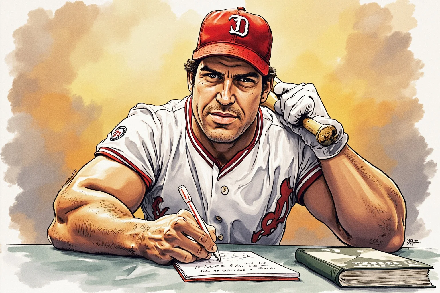 Worst Baseball Players Of All Time: 20 Infamous MLB Legends Everyone Remembers 17 Illustration of a muscular 1990s baseball slugger at a book signing table