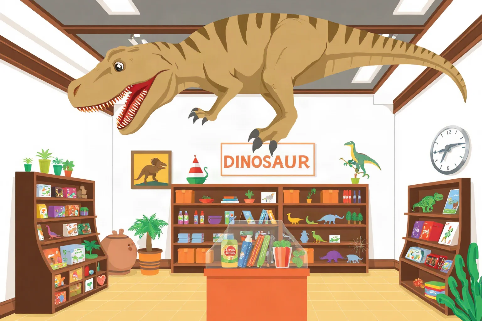 Illustration of a museum gift shop display with dinosaur-themed novelty items and a large T. rex model overhead