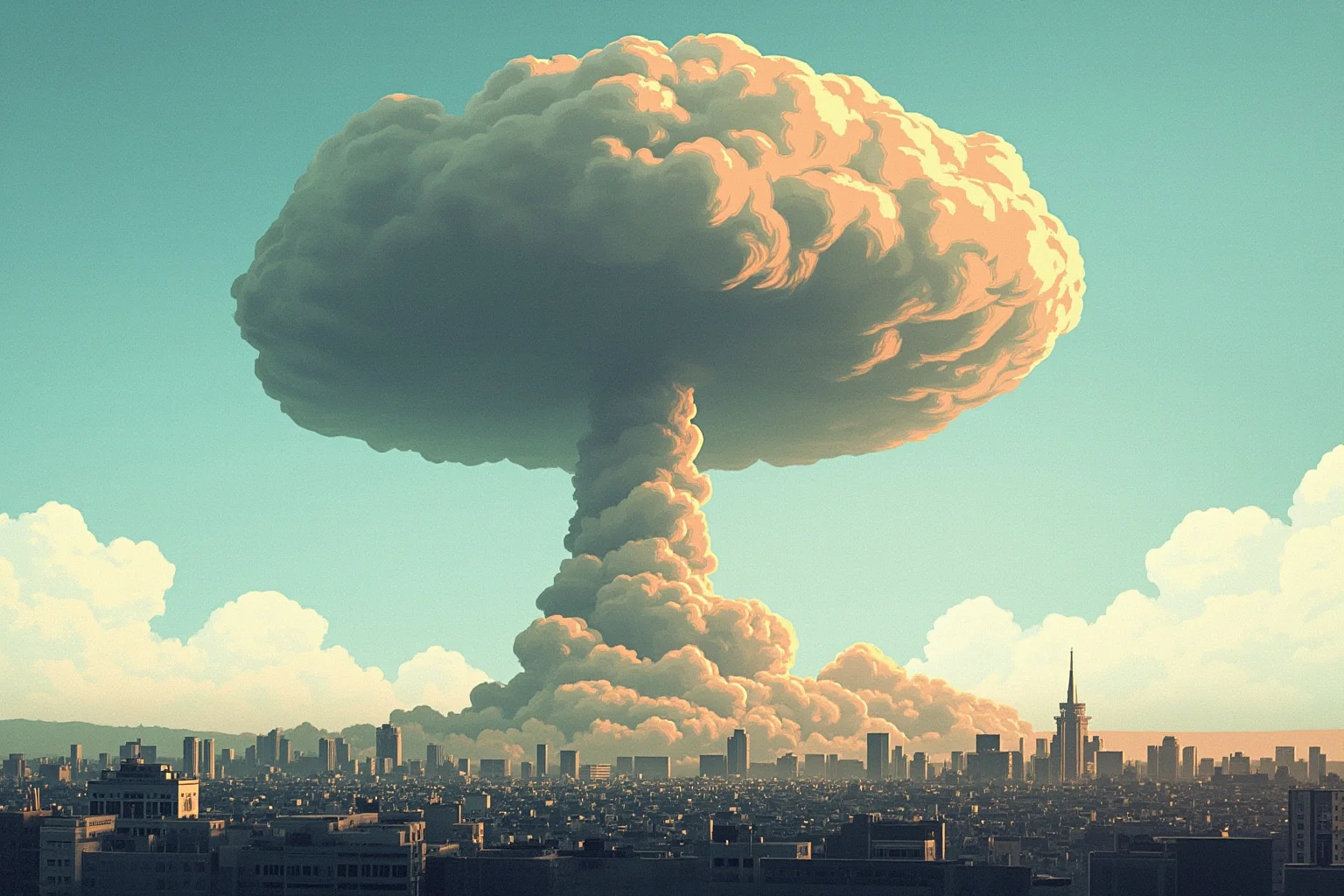 25 Most Memorable Dates in History (And Why They Still Matter) 18 Illustration of a mushroom cloud rising over a distant city skyline, viewed from far away for tone-appropriate distance