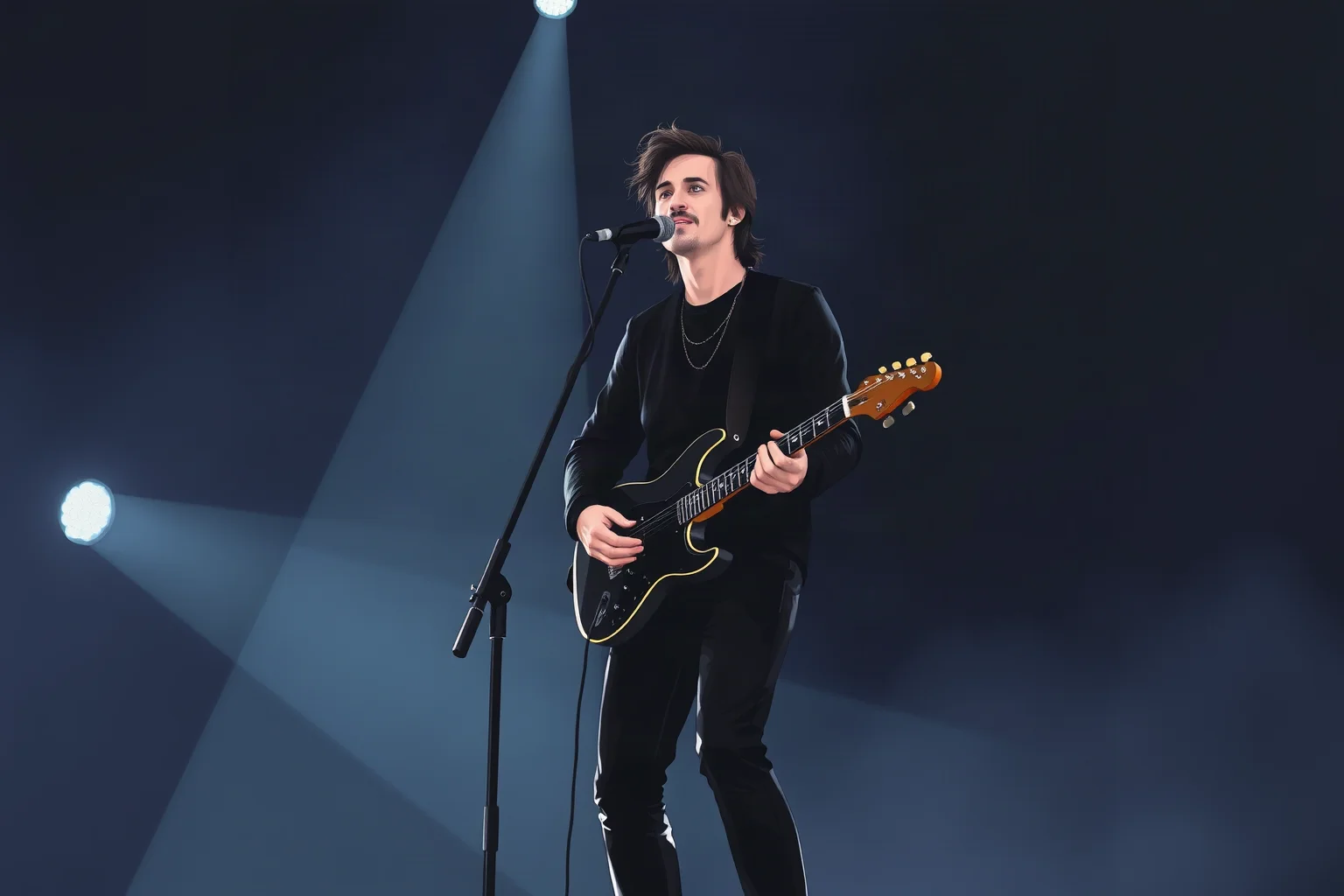 Illustration of a musician dressed entirely in black holding a guitar under moody, low stage lighting