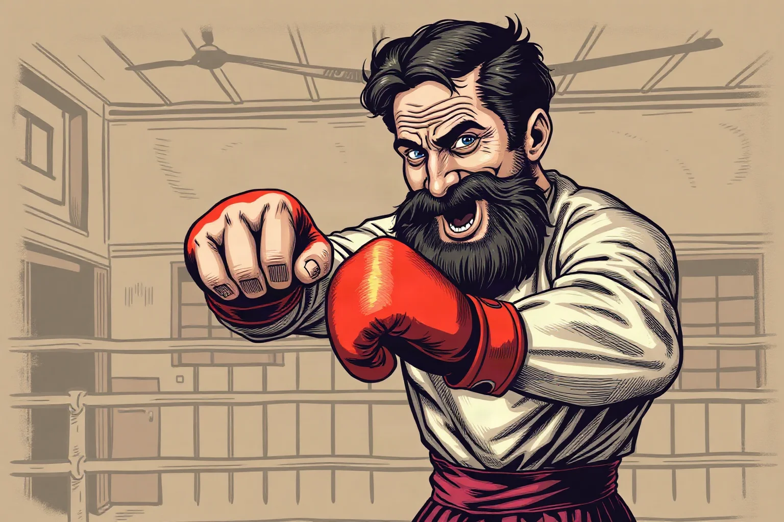 Illustration of a mustached 19th-century bare-knuckle boxer in a fighting stance, vintage gymnasium background