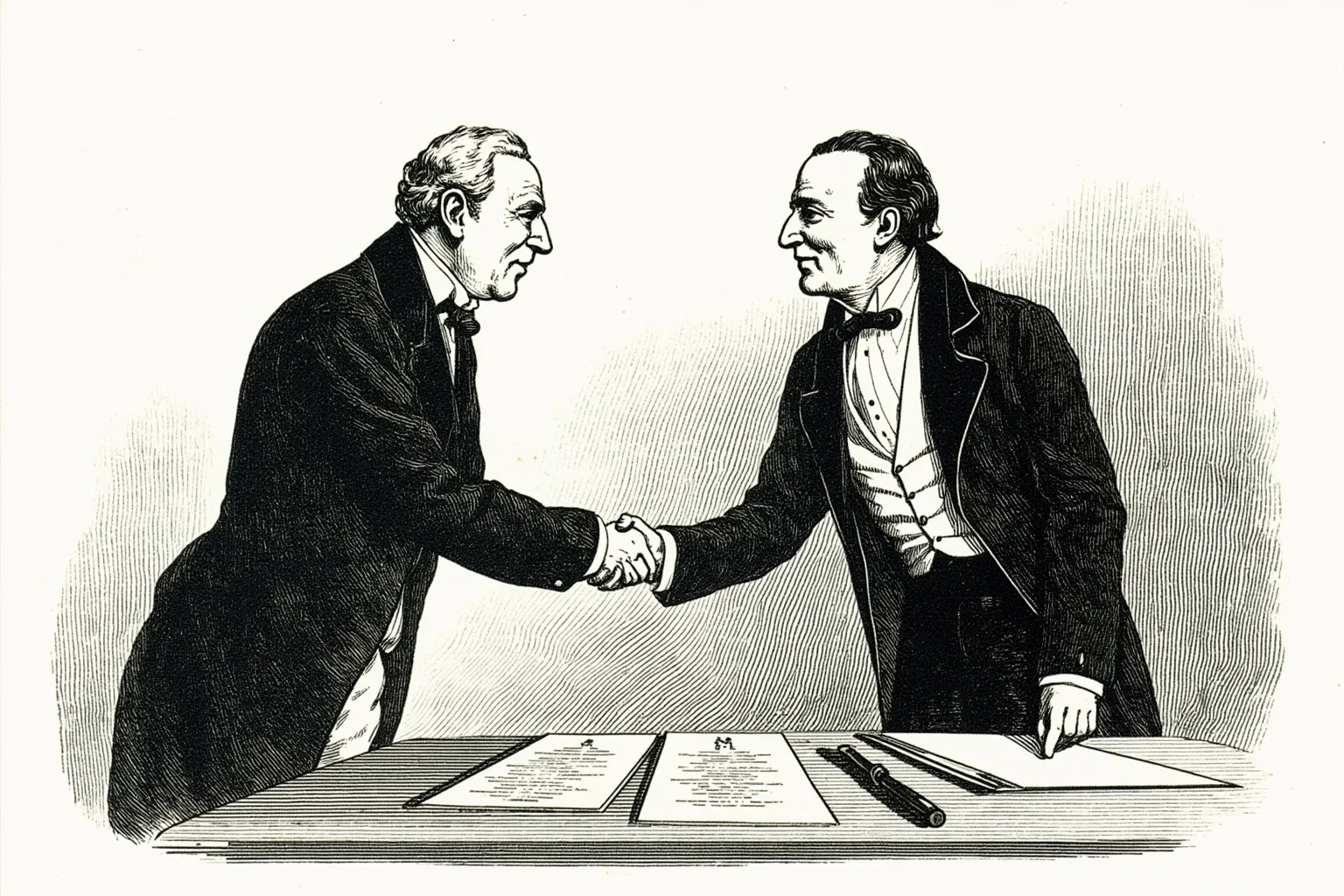 Illustration of a mustached 19th-century president shaking hands ceremonially, with commission documents on a nearby table.