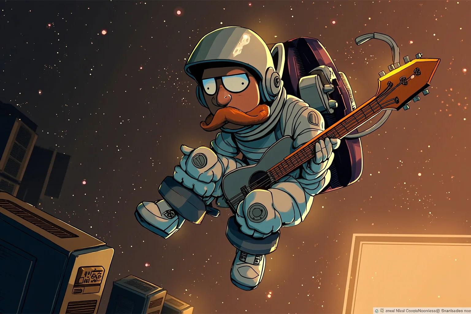 Illustration of a mustached astronaut with a guitar floating in a space station module, warm lighting, viral video style