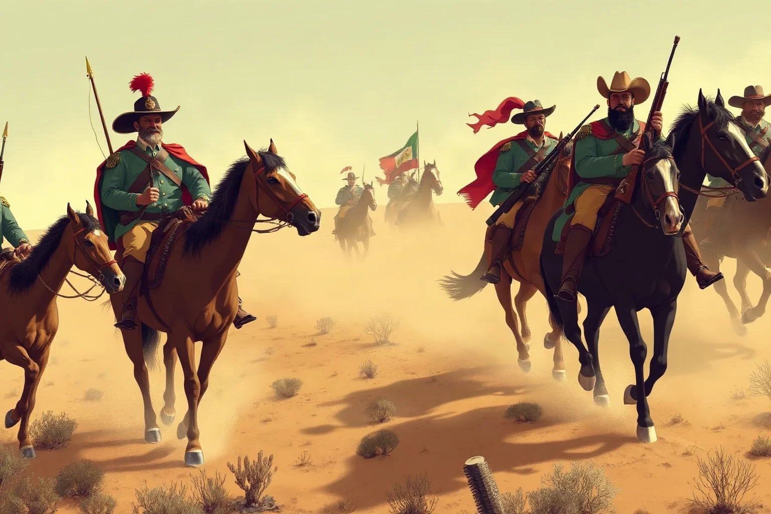 Illustration of a mustached Mexican revolutionary commander on horseback leading a column of armed riders through a dusty plain