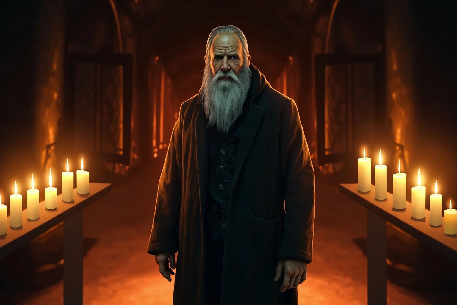 Historical Villains Who Were Actually Heroes 19 Illustration of a mysterious bearded mystic in dark robes standing in a candlelit Russian palace hallway