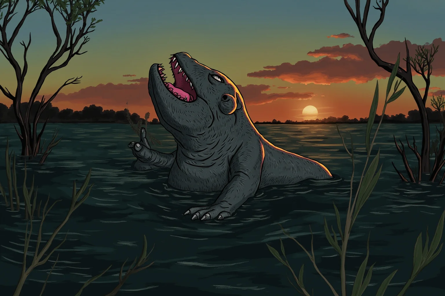 Illustration of a mysterious creature partially submerged in a murky Australian billabong at dusk