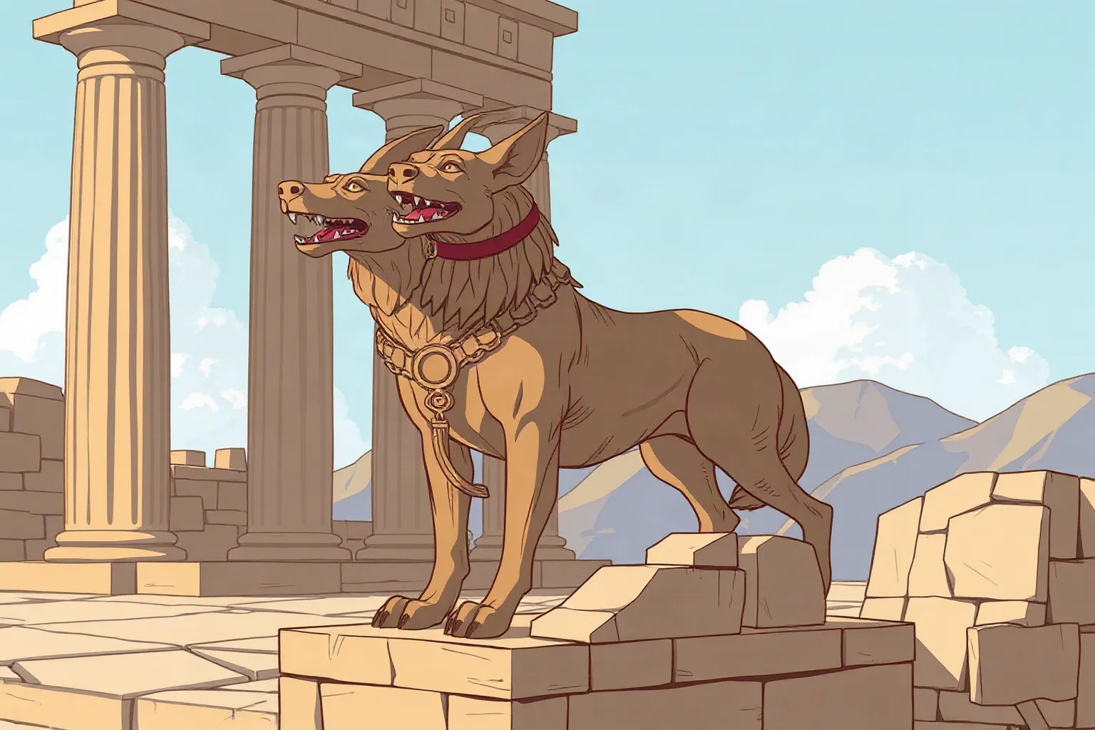 Illustration of a mythological two-headed guard dog statue in an ancient Greek temple setting