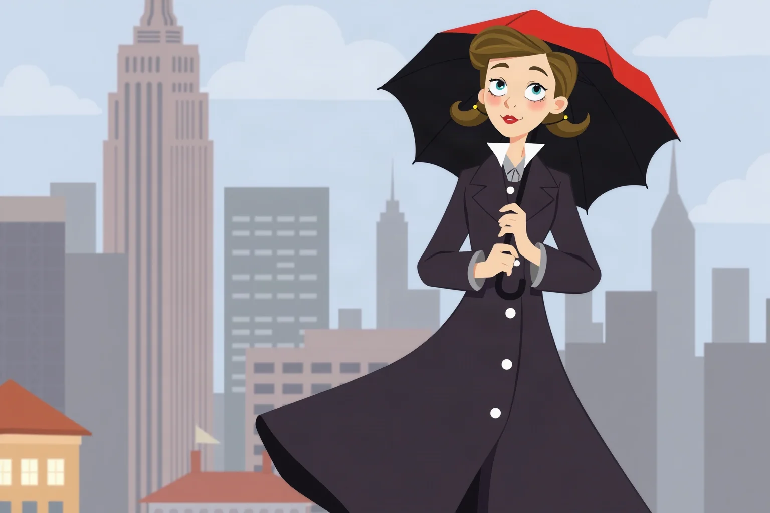 Illustration of a nanny-like character in a flowing coat holding an umbrella against a stylized city skyline, whimsical 1960s film poster style
