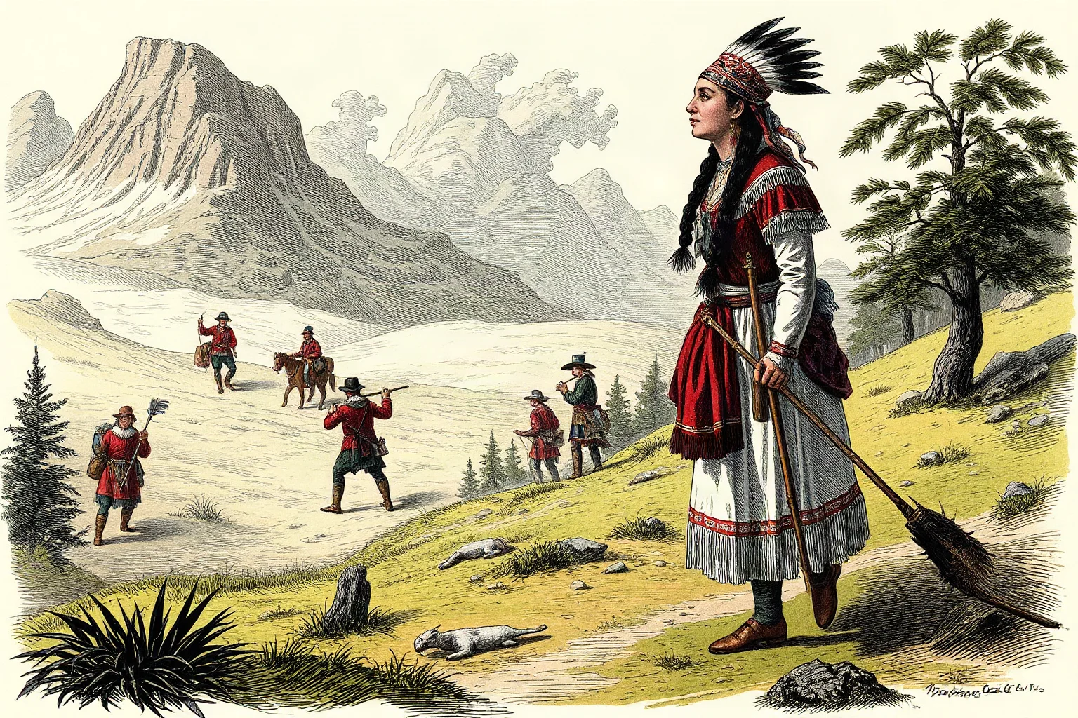 Illustration of a Native American woman guide in traditional dress leading an expedition party through wilderness terrain, early 1800s