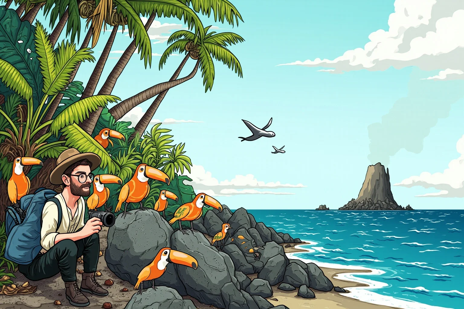 Illustration of a naturalist examining tropical birds and plants on a rocky volcanic island shoreline