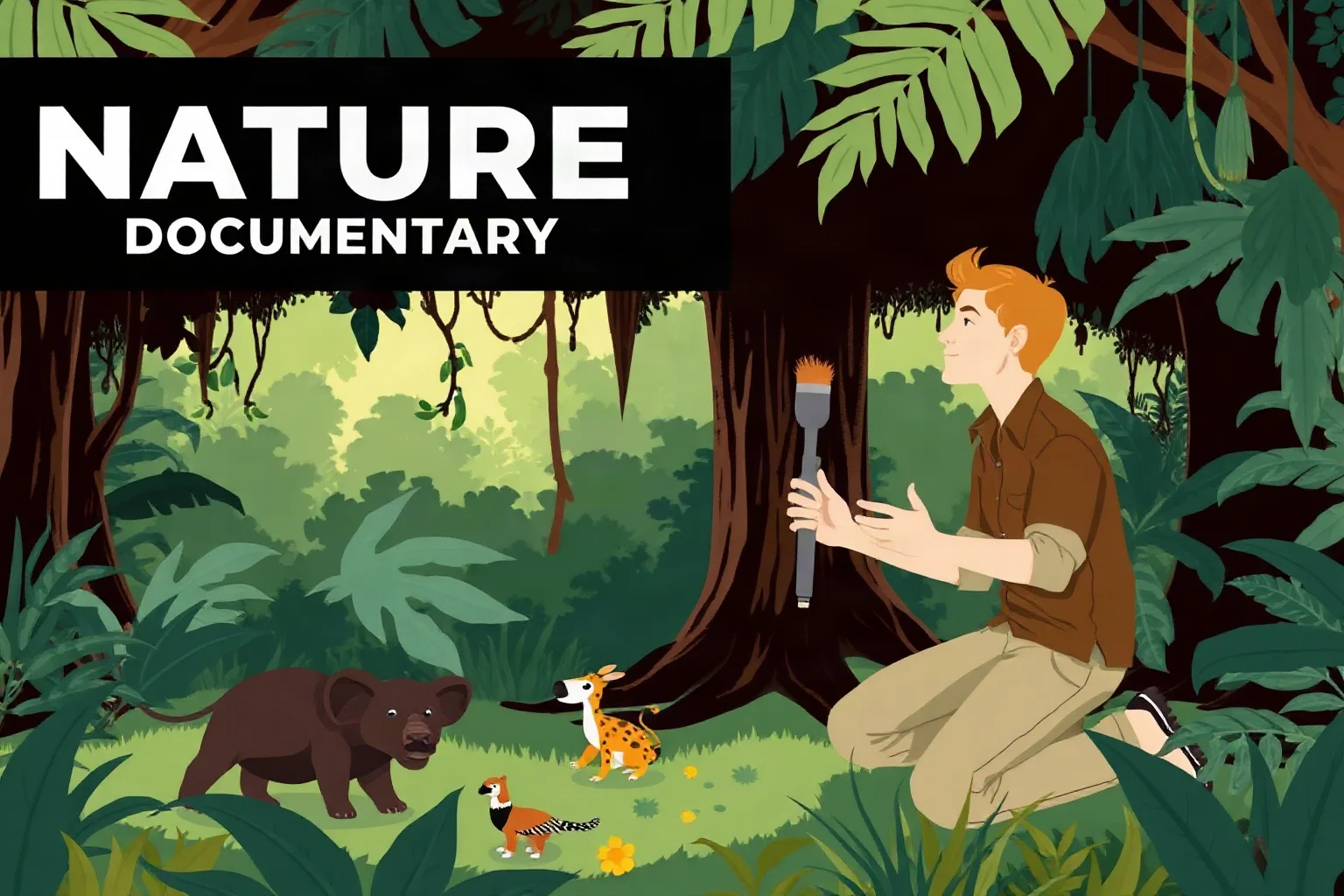 Illustration of a nature documentary presenter kneeling in a lush jungle setting with wildlife nearby, retro documentary poster style