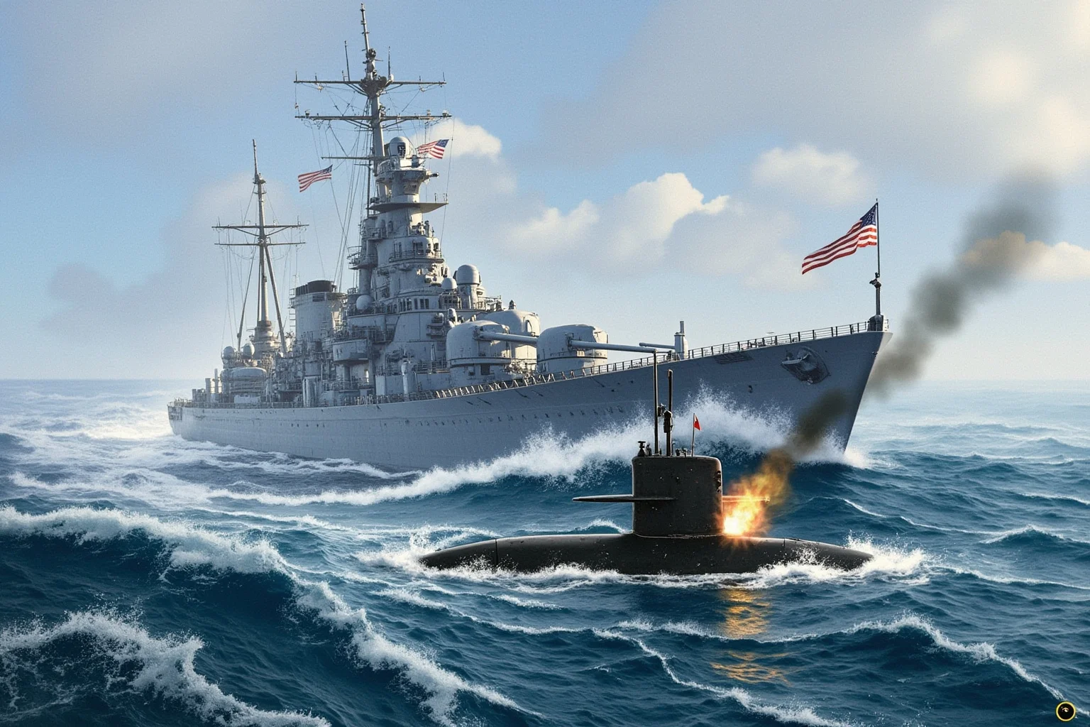 Illustration of a naval destroyer under attack by a submarine periscope in rough Atlantic waters