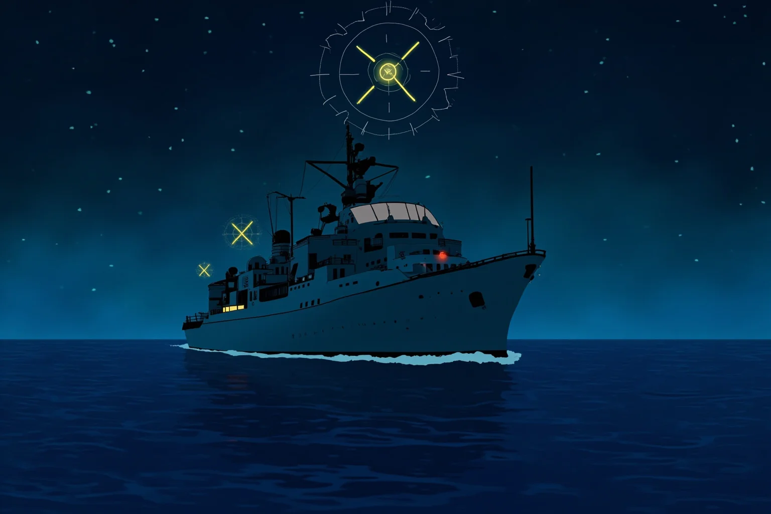 Illustration of a naval ship at sea at night with radar screens glowing